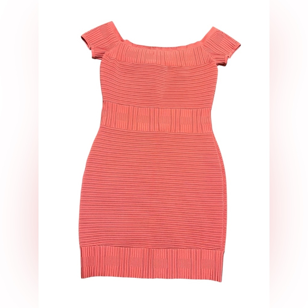 Marciano Guess Pink Coral Bandage Dress Off Shoulder Ribbed Bodycon Womens M